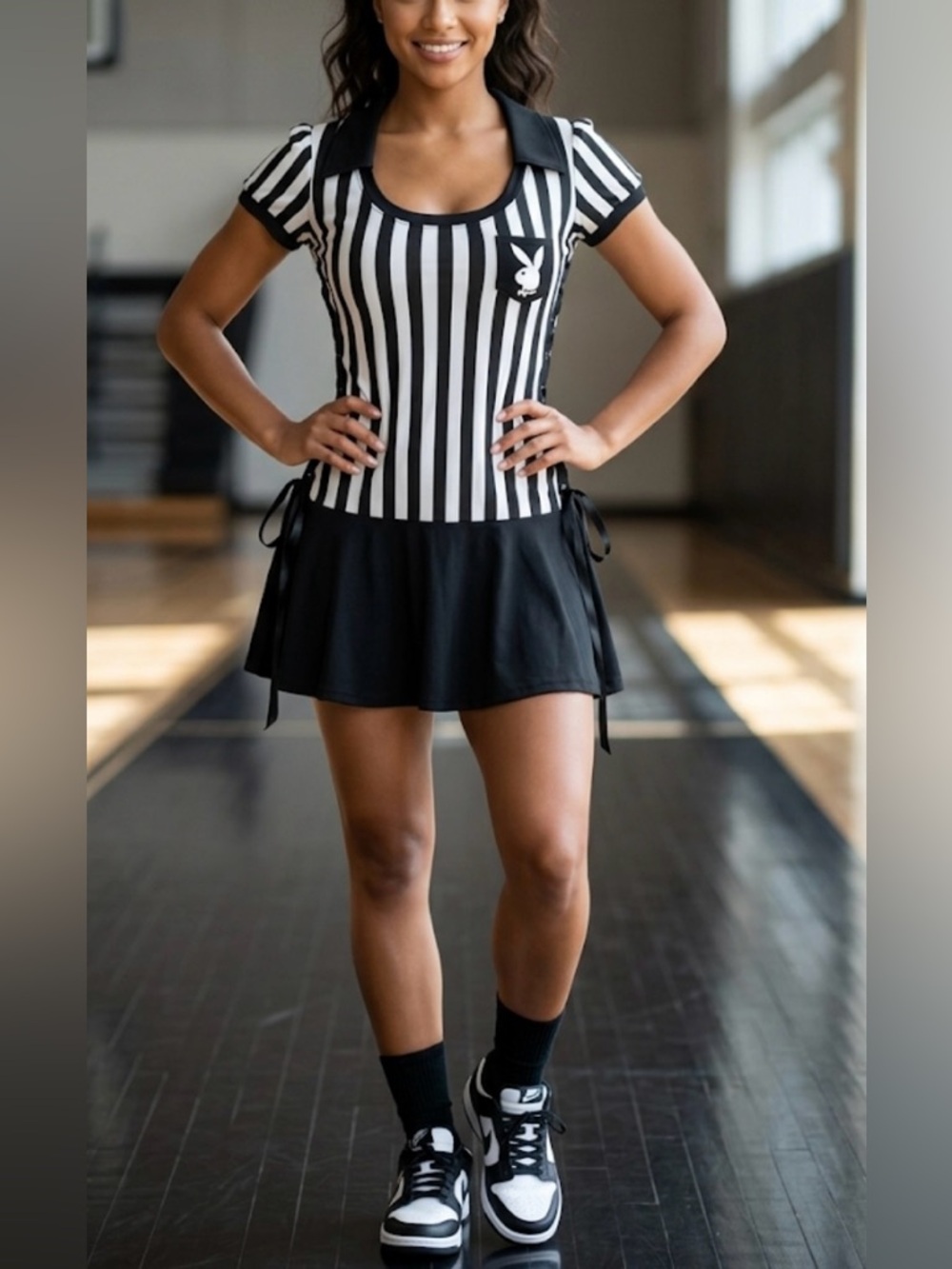 Playboy Referee Costume Dress Black White Striped Lace Up Sides Women's Medium